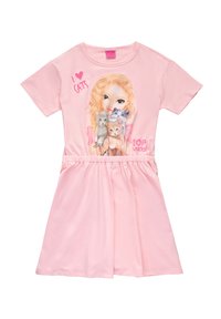 Rosa Kurzarmkleid mit einem grafischen Druck von einem Mädchen mit blonden Haaren und mehreren Katzen. Elastischer Bund, weicher Stoff, lässiges Design.
