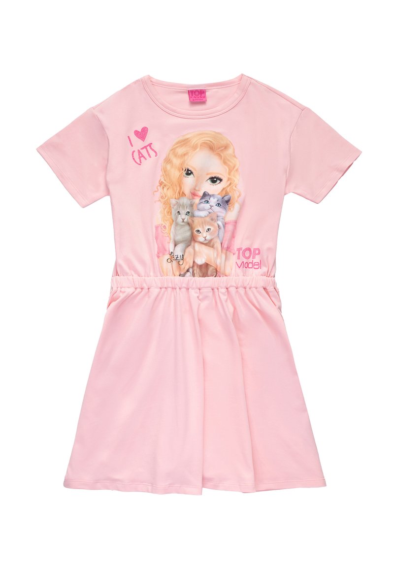 Rosa Kurzarmkleid mit einem grafischen Druck von einem Mädchen mit blonden Haaren und mehreren Katzen. Elastischer Bund, weicher Stoff, lässiges Design.