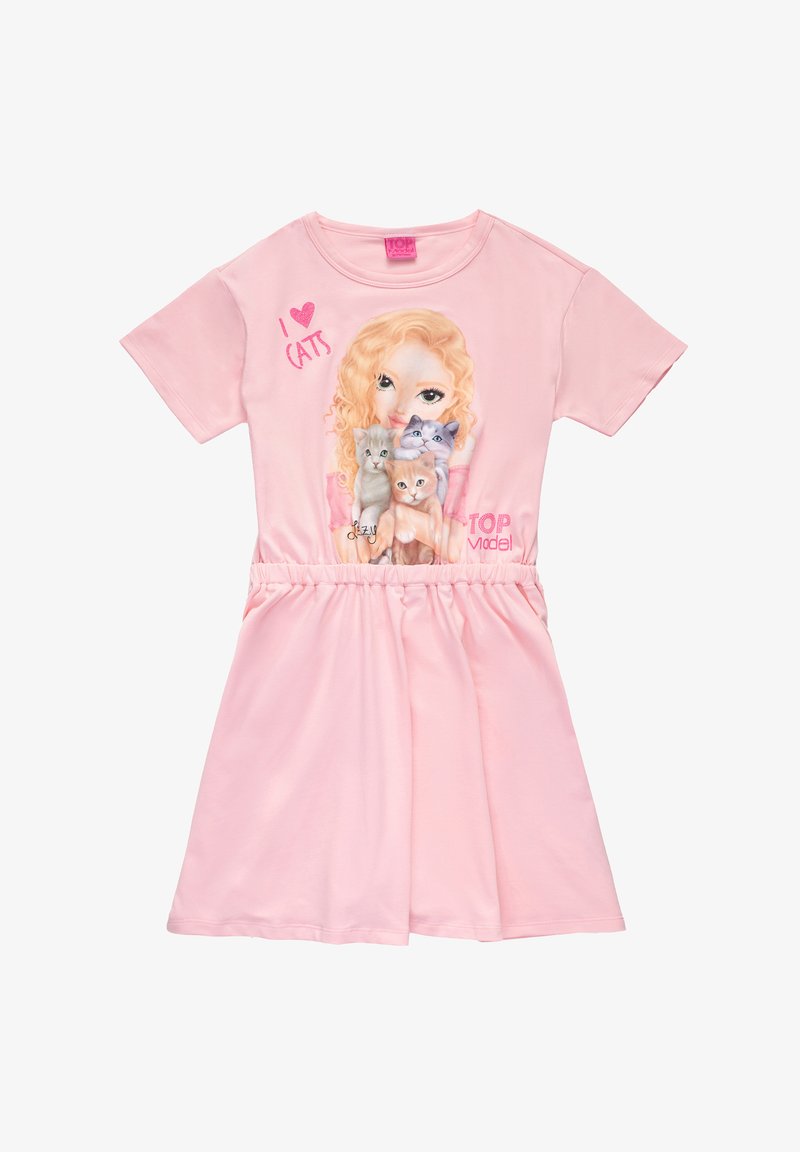 Rosa Kurzarmkleid mit einem grafischen Druck von einem Mädchen mit blonden Haaren und mehreren Katzen. Elastischer Bund, weicher Stoff, lässiges Design.