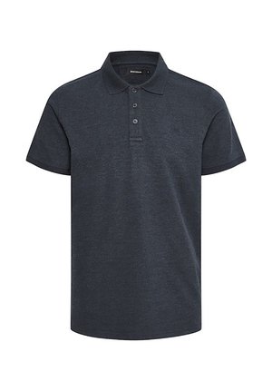 Tricou polo bleumarin închis realizat dintr-un amestec de bumbac, având un guler clasic, mâneci scurte, placket cu trei nasturi și o croi lejer.