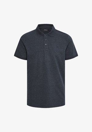 Granatowa koszulka polo wykonana z mieszanki bawełny, z klasycznym kołnierzykiem, krótkimi rękawami, zapięciem na trzy guziki i luźnym krojem.
