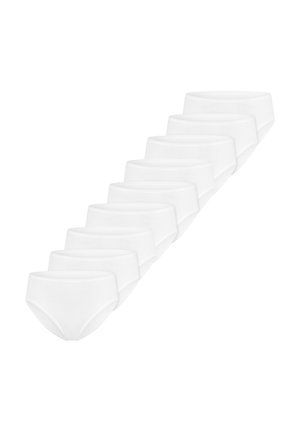 Kahdeksan paria yksinkertaisia valkoisia saumattomia alushousuja aseteltuna vinottain valkoisella taustalla.