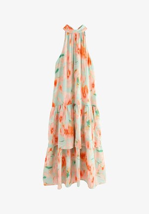 Sukienka na szyję z pastelowego niebieskiego materiału z koralikowymi i zielonymi wzorami kwiatowymi, z falbanami w warstwach u dołu.