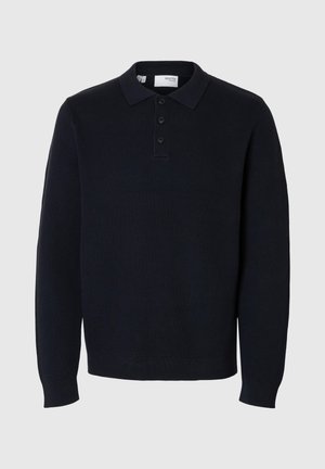 Navy blue knitted pullover with a polo collar, four-button placket, and long sleeves. Features a ribbed texture and straight hem.