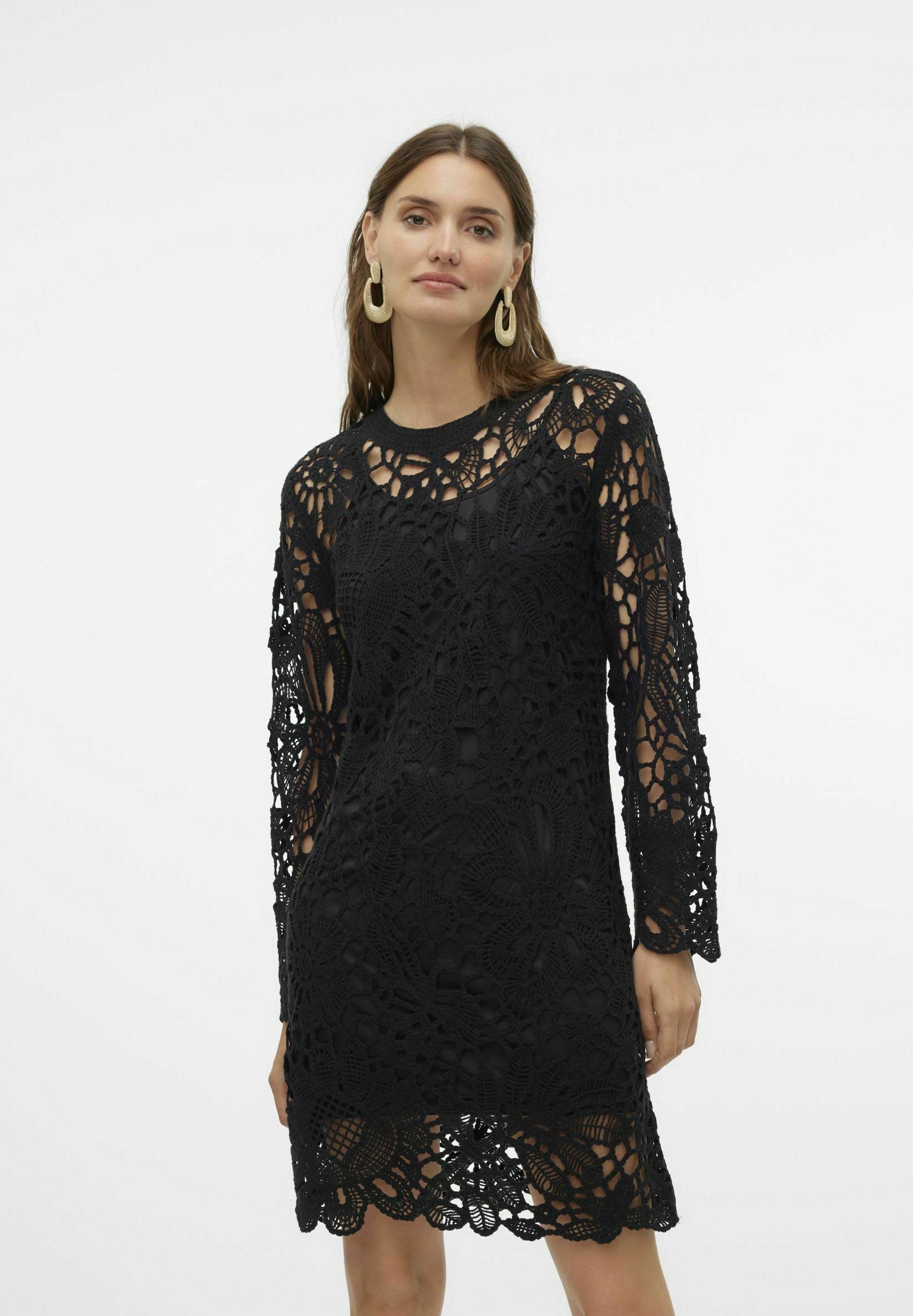 chinese dress ladies VERO MODA Women's Exclusive Long Sleeve lace fit and Flare Dress Dress,  Black, Medium at Amazon Women's Clothing store main image 1