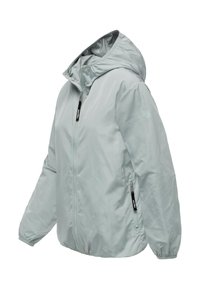 Viegls kapuciņmētelis bālgandpelēkā krāsā. Tam ir pilns rāvējslēdzējs, elastīgi aproces un rāvējslēdža sānu kabatas. Gluda, spīdīga auduma tekstūra.