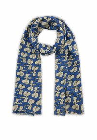 Blauwe sjaal met herhalende patronen van cartoonfiguren met lichtbeige omlijningen. Materiaal lijkt zacht metfranje randen.