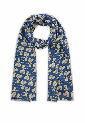 Blauwe sjaal met herhalende patronen van cartoonfiguren met lichtbeige omlijningen. Materiaal lijkt zacht metfranje randen.
