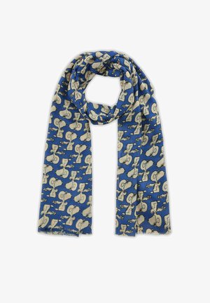 Blue scarf featuring repeating patterns of cartoon characters with light beige outlines. Material appears soft with frayed edges.
