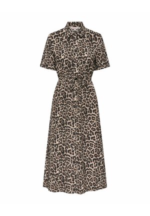 Midi ilgio trumpomis rankovėmis marškinių tipo suknelė su leopardų raštu, sagų priekiu, apykakle ir raišteliu juosmens lygyje.