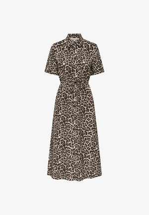 Abito camicia a maniche corte lunghezza midi con stampa leopardata, chiusura frontale con bottoni, colletto e vita con coulisse.