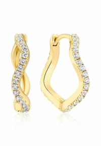 Guldörhängen i form av ringar har en vriden design med en rad klara, runda cubic zirconia längs ena sidan. Slät, polerad yta.