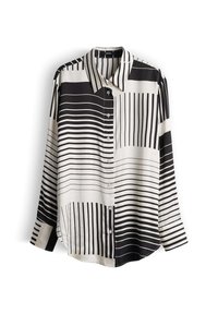 Langärmeliges Hemd in Schwarz und Weiß mit abwechselnden horizontalen und vertikalen Streifen, mit durchgehendem Knopfleistenverschluss und Kragen.