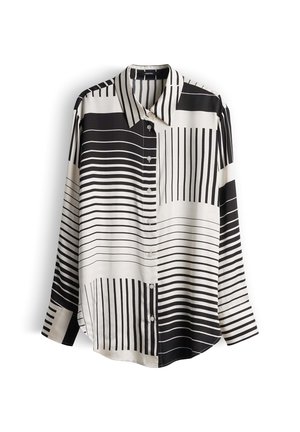 Langarmshirt in zwart en wit met afwisselend horizontale en verticale strepen, voorzien van een knoopsluiting aan de voorkant en een kraag.