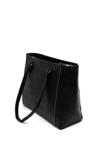 Black leather tote bag with two long handles, featuring a smooth texture and silver accents along the side seams. Open top design.