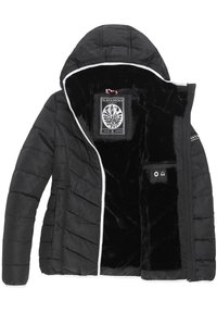 Black puffer jacket with a hood, featuring a plush black inner lining and white zipper. Includes an inner pocket with headphone access.