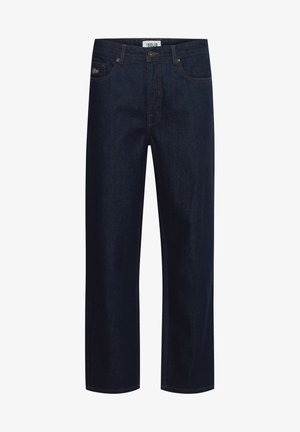 Mørkeblå denimjeans med rett ben-design. Har oransje sømmer, frontlommer og en knappelukking i midjen.