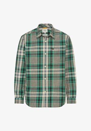 Grün-schwarz kariertes Langarmhemd aus Stoff mit verschiedenen Karo-Mustern; weiße Knöpfe und Etikett in der Nähe des Kragens sichtbar.