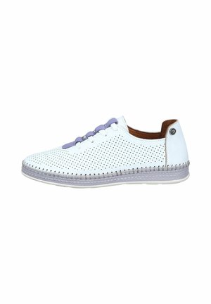 White leather casual sneaker with perforations, lavender elastic lace loops, and a lavender stitched sole, viewed from the side.