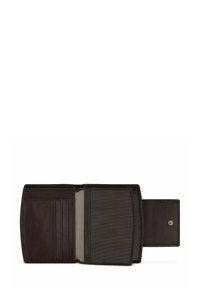 Portafoglio in pelle marrone con finitura testurizzata, dotato di più scomparti per carte e una morbida tasca interna. Il design include una chiusura a scatto.