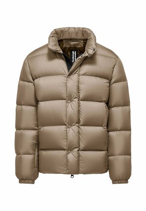 Beige gewatteerde jas met een gestikt ontwerp, hoge kraag en zijritssluiting. Heeft een trekkoordzoom en elastische manchetten.