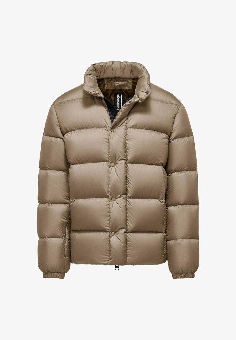 Giacca a palloncino beige con design trapuntato, alto colletto e chiusura con zip laterale. Presenta un orlo con cordoncino e polsini elasticizzati.