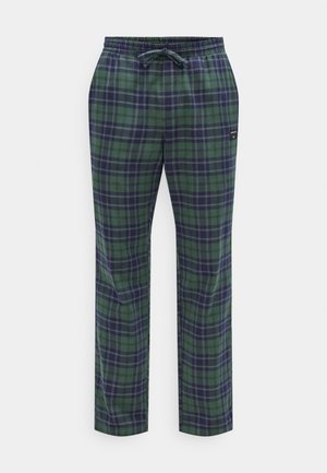Green and navy plaid trousers with a relaxed fit, featuring an elastic waistband and drawstring. Soft fabric with a smooth texture.