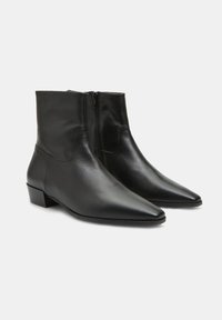 Botas de tobillo de cuero negro con punta afilada, cierre de cremallera y tacón bajo en bloque. Textura suave con detalles de costura mínimos.