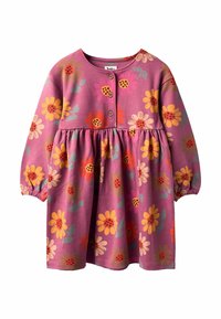 Langärmliges Kleid aus rosa Baumwolle mit einem gerafften Rock, rundem Ausschnitt und floralen Mustern in Gelb, Orange und Grün. Mit Knopfdetails vorne.