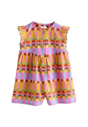 Ärmelloser Strampler für Kleinkinder mit Rüschen an den Schultern, mehrfarbigem pastellfarbenem Karomuster und Knopfverschluss vorne.