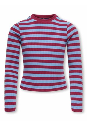 Langarmig geribd gebreid shirt met horizontale kastanjebruine en lichtblauwe strepen en een hoge ronde halslijn.