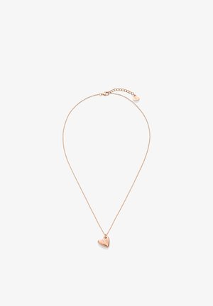 Roségold-Halskette mit Herzanhänger, der eine glatte Oberfläche und eine zarte Kette aufweist, akzentuiert mit kleinen funkelnden Details.