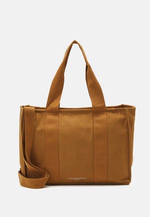 Brown canvas tote bag with two top carry handles and a removable shoulder strap. Features sturdy stitching and a simple rectangular design.