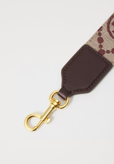Woven fabric strap featuring burgundy pattern, brown leather accents, and a gold-tone metal clip for attachment. Smooth texture overall.