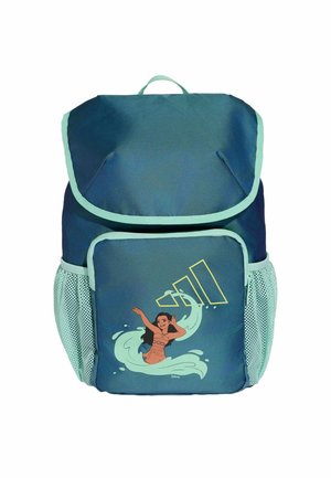 Blauer Rucksack mit hellgrünem Besatz, Netzseitentaschen und einer Vorderseite mit Moana-Figur und einem stilisierten Wellenmotiv.