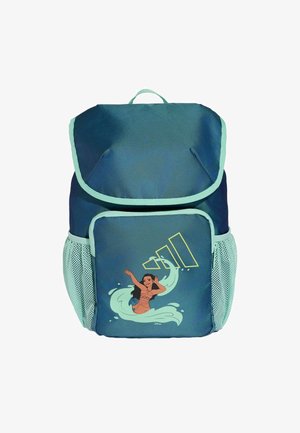 Mochila azul con ribete verde claro, bolsillos laterales de malla y bolsillo delantero con el personaje de Moana y diseño de ola estilizada.