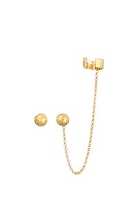 Boucles d'oreilles métalliques dorées mettant en vedette deux clous sphériques et une chaîne reliant un bracelet, avec une surface texturée sur les sphères.
