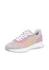 Sneaker mit einem gewebten Textil-Obermaterial in Pastellfarben, weichen lilafarbenen Wildleder-Akzenten und einer weißen Gummisohle mit einem strukturierten Grip-Muster.