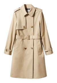 Trench coat beige con bottoni doppi, vita con cintura, spalline e tasche laterali. Tessuto liscio con un design strutturato.