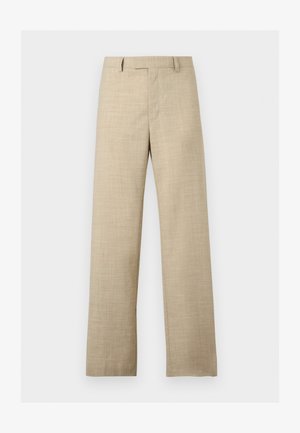Pantaloni beige a gamba dritta con passanti per cintura, chiusura frontale con zip e tessuto leggermente strutturato.