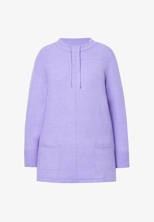 Lavendelkleurige trui met hoge hals, trekkoord, lange mouwen en twee voorzakken in een zachte, gestructureerde stof.