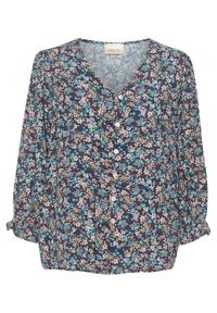 Blomstrede bluse i et mørk navy stof med små multifarvede blomster, v-hals og knapdetaljer. Lange ærmer med elastiske manchetter.