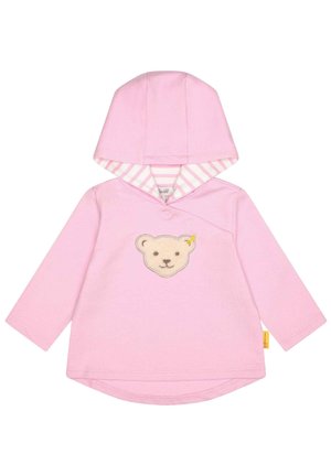 Pink baby hoodie with long sleeves, striped hood lining, and embroidered teddy bear face on the chest.