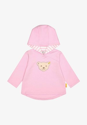 Rosa Baby-Kapuzenpullover mit langen Ärmeln, gestreiftem Kapuzenfutter und einem auf der Brust gestickten Teddybärgesicht.
