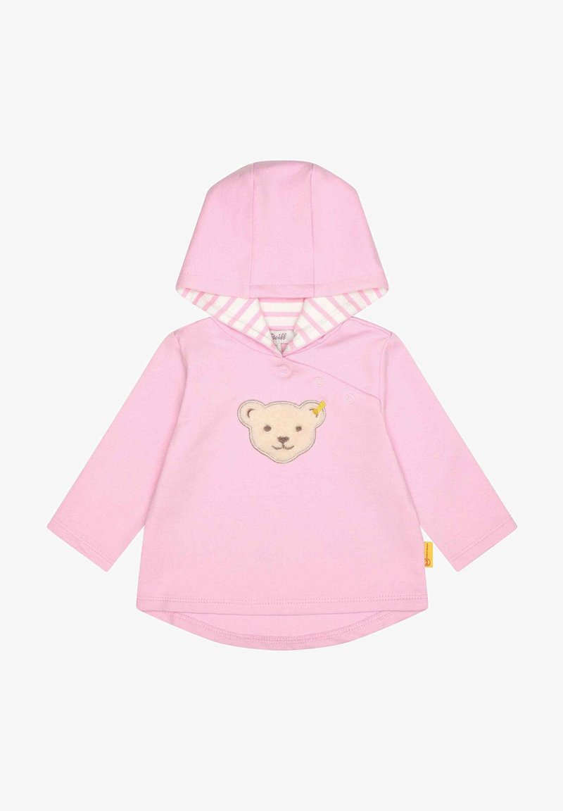 Sweat à capuche rose pour bébé avec manches longues, intérieur de capuche rayé et visage de nounours brodé sur la poitrine.