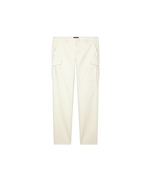 Pantaloni cargo in cotone color crema con gambe dritte, numerose tasche laterali e passanti per cintura. Tessuto liscio, design casual, senza motivi visibili.