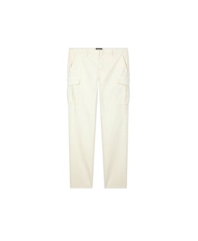 Pantaloni cargo in cotone color crema con gambe dritte, numerose tasche laterali e passanti per cintura. Tessuto liscio, design casual, senza motivi visibili.