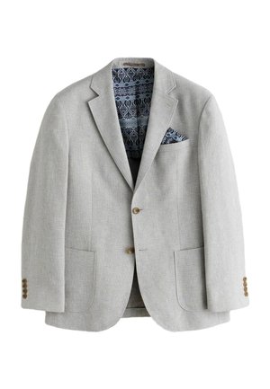 Hellgrauer Blazer aus strukturiertem Stoff mit einem gemusterten blauen Innenfutter und Einstecktuch. Zwei Fronttaschen und Knopfverschluss.