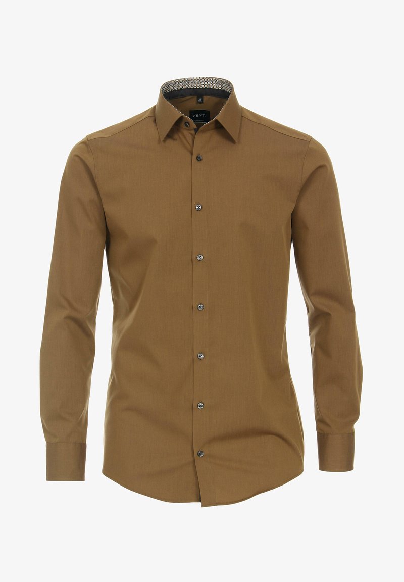 Bruine langslavige shirt van gladde stof, met een puntkraag, knoopsluiting aan de voorkant en een contrasterende gemuste binnenkraag. Slank gesneden.