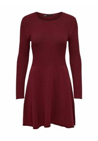 Vestito bordeaux a coste con maniche lunghe, scollo rotondo e gonna a ruota. Tessuto morbido in maglia con motivo testurizzato su tutta la superficie.